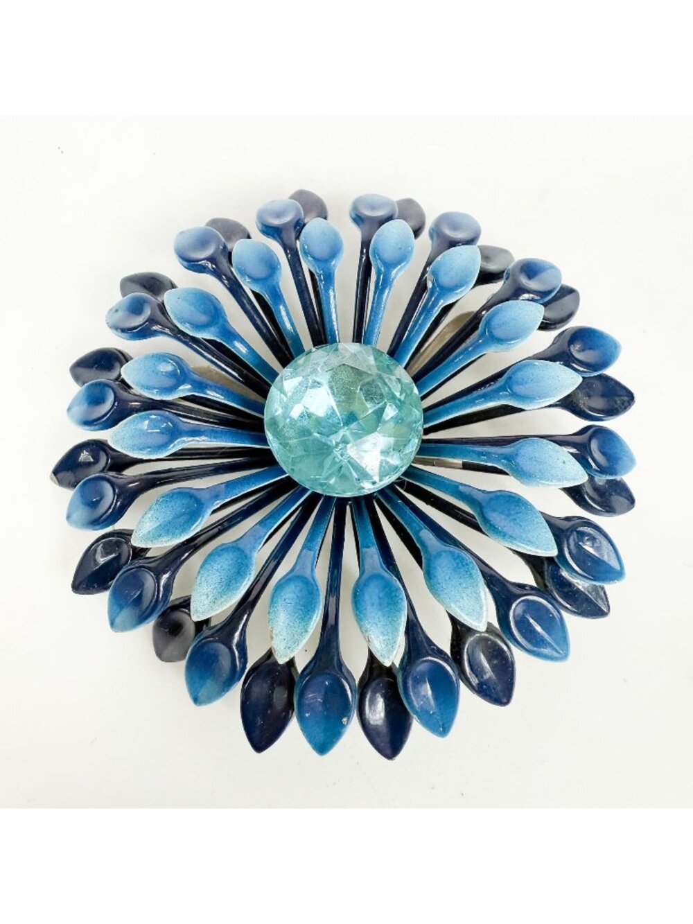 Vintage Flower Power Metal Blue Enamel Rhinestone 3 layered Brooch Aster Daisy